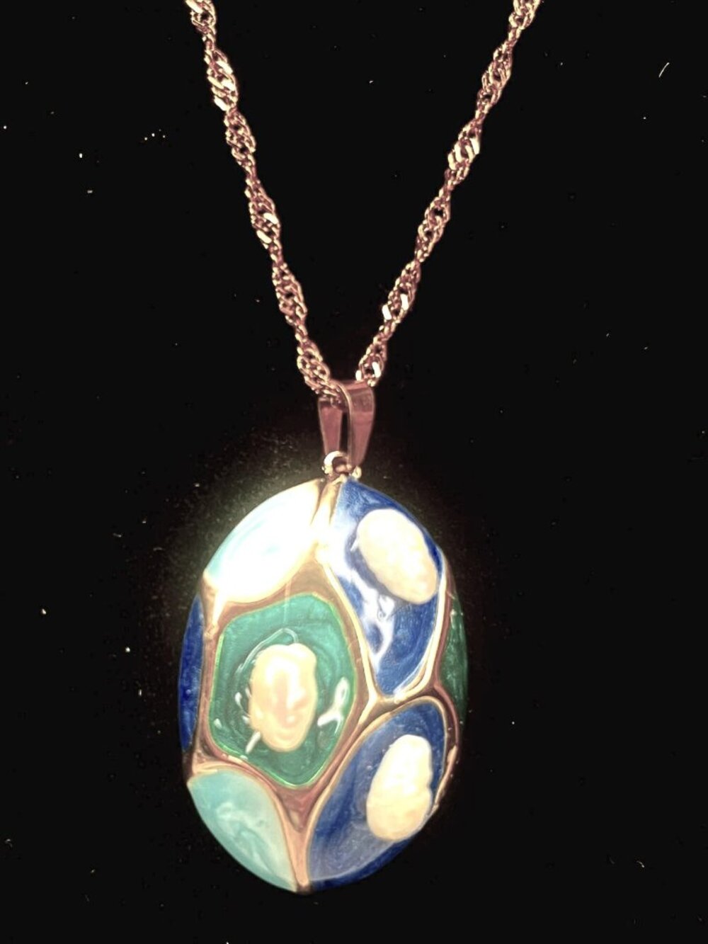 Artisan Gold Enamel Pendant Necklace Freshwater Pearl Stainless Steel OOAK